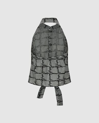  URBAN REVIVO - Áo kiểu nữ cổ bẻ cut out sọc caro 