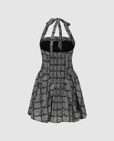  URBAN REVIVO - Đầm mini cổ yếm kẻ sọc caro 