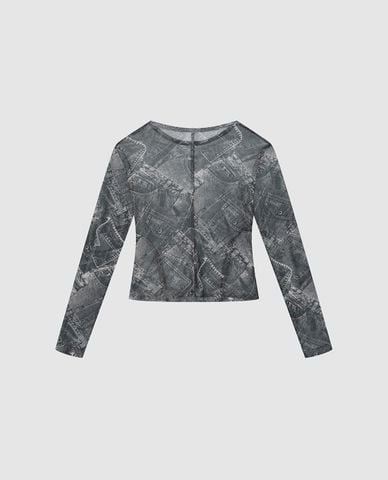  URBAN REVIVO - Áo croptop nữ cổ tròn tay dài họa tiết denim 