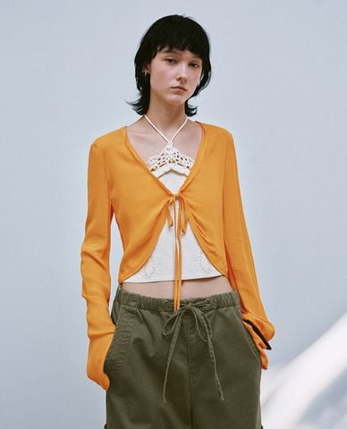  URBAN REVIVO - Áo khoác cardigan nữ tay dài buộc dây 