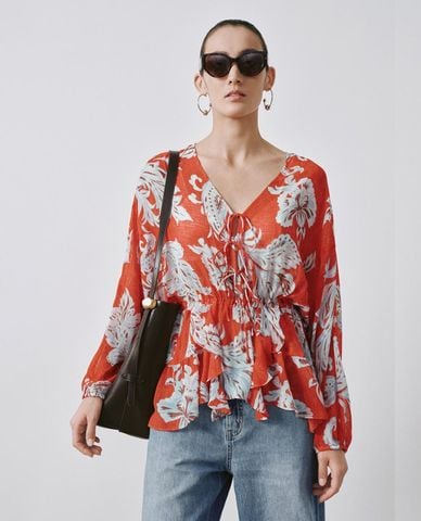  URBAN REVIVO - Áo kiểu nữ cổ V in hoa V buộc dây 