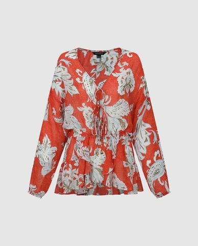  URBAN REVIVO - Áo kiểu nữ cổ V in hoa V buộc dây 