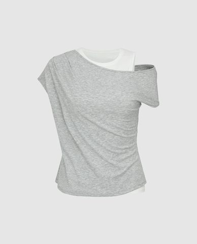  URBAN REVIVO - Áo trễ vai nữ tay ngắn phối layer 