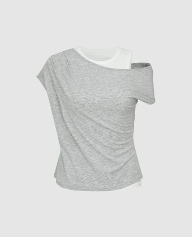  URBAN REVIVO - Áo trễ vai nữ tay ngắn phối layer 