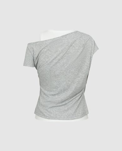  URBAN REVIVO - Áo trễ vai nữ tay ngắn phối layer 