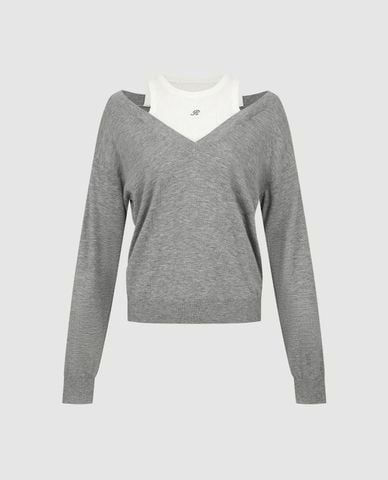  URBAN REVIVO - Áo dệt kim nữ cổ V tay dài phối layer 