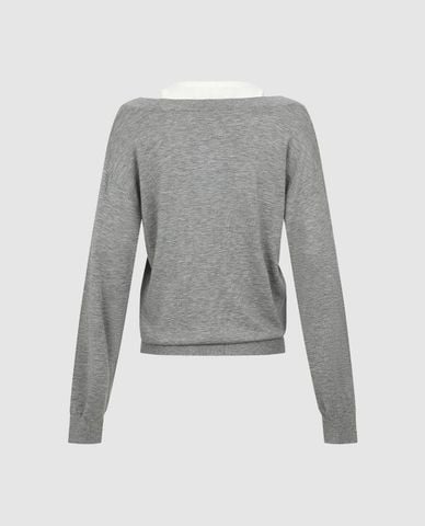  URBAN REVIVO - Áo dệt kim nữ cổ V tay dài phối layer 