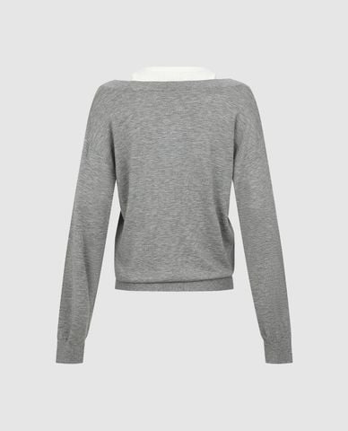  URBAN REVIVO - Áo dệt kim nữ cổ V tay dài phối layer 