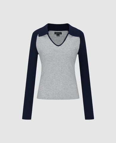  URBAN REVIVO - Áo dệt kim nữ cổ bẻ tay dài phối viền 