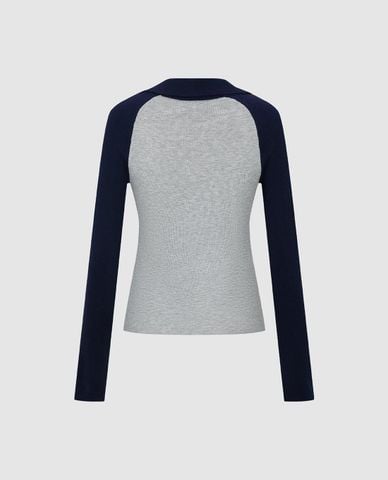  URBAN REVIVO - Áo dệt kim nữ cổ bẻ tay dài phối viền 