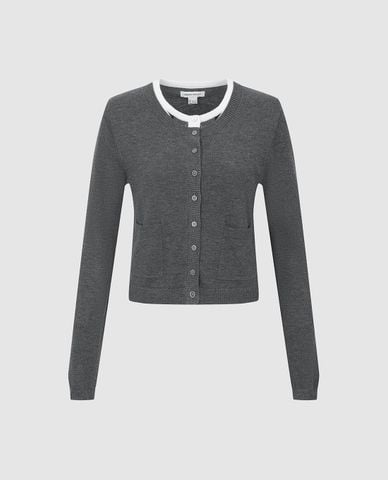  URBAN REVIVO - Áo khoác cardigan nữ cổ tròn phối viền 