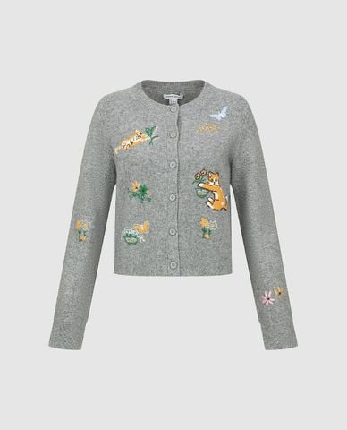  URBAN REVIVO - Áo khoác cardigan nữ cổ tròn thêu họa tiết 