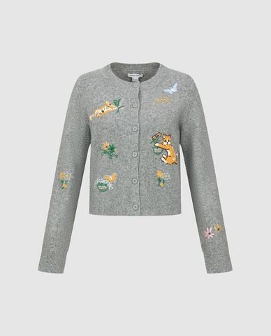  URBAN REVIVO - Áo khoác cardigan nữ cổ tròn thêu họa tiết 
