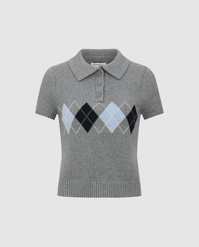  URBAN REVIVO - Áo dệt kim nữ cổ bẻ tay ngắn phối nút 