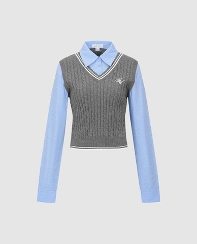  URBAN REVIVO - Áo dệt kim nữ cổ bẻ tay dài 2 In 1 