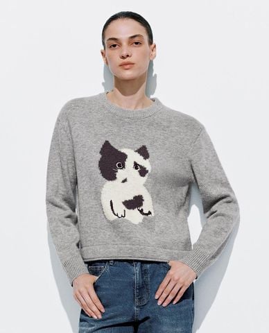  URBAN REVIVO - Áo dệt kim nữ cổ tròn tay dài phối hoạ tiết 