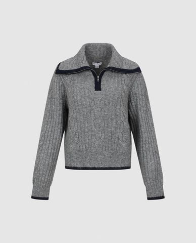  URBAN REVIVO - Áo dệt kim nữ cổ bẻ tay dài phối khoá zip 