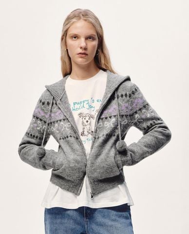  URBAN REVIVO - Áo khoác dệt kim nữ phối mũ họa tiết nordic 