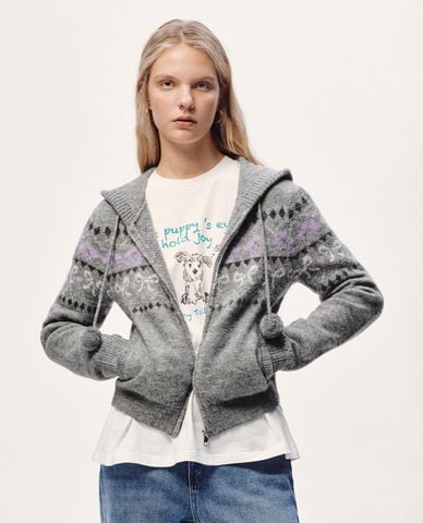  URBAN REVIVO - Áo khoác dệt kim nữ phối mũ họa tiết nordic 