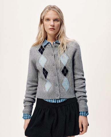  URBAN REVIVO - Áo khoác cardigan nữ cổ tròn họa tiết caro 