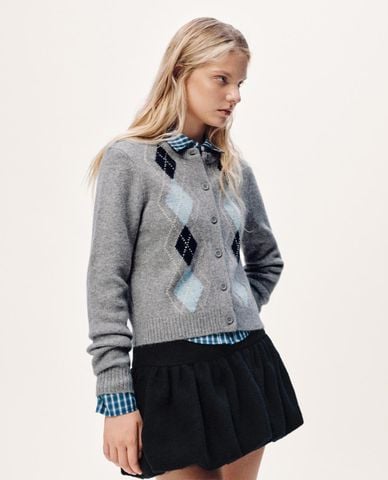  URBAN REVIVO - Áo khoác cardigan nữ cổ tròn họa tiết caro 