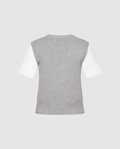  URBAN REVIVO - Áo dệt kim nữ cổ tròn tay ngắn phối họa tiết 