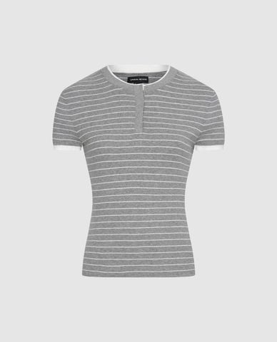  URBAN REVIVO - Áo dệt kim nữ cổ henley tay ngắn kẻ sọc 