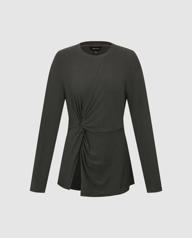  URBAN REVIVO - Áo kiểu nữ cổ tròn tay dài xoắn eo 