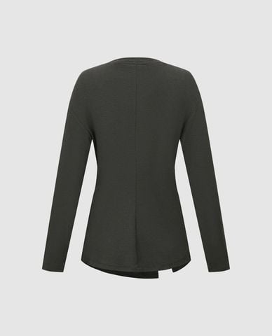  URBAN REVIVO - Áo kiểu nữ cổ tròn tay dài xoắn eo 
