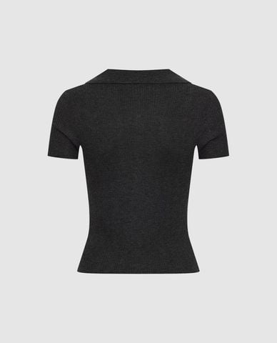  URBAN REVIVO - Áo dệt kim nữ cổ bẻ tay ngắn phối nút 