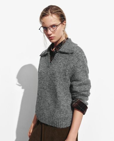  URBAN REVIVO - Áo dệt kim nữ cổ bẻ tay dài thanh lịch 