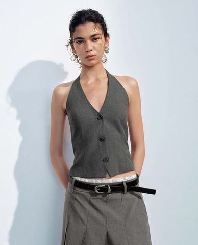  URBAN REVIVO - Áo khoác gilet nữ thắt nơ kẻ sọc 