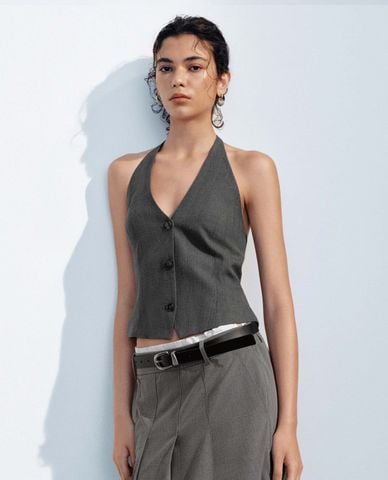  URBAN REVIVO - Áo khoác gilet nữ thắt nơ kẻ sọc 