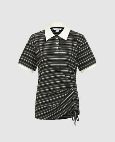  URBAN REVIVO - Áo polo nữ cổ bẻ tay ngắn kẻ sọc 