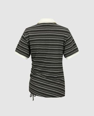  URBAN REVIVO - Áo polo nữ cổ bẻ tay ngắn kẻ sọc 