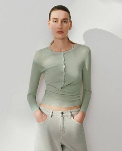  URBAN REVIVO - Áo dệt kim nữ cổ tròn tay dài buộc dây eo 