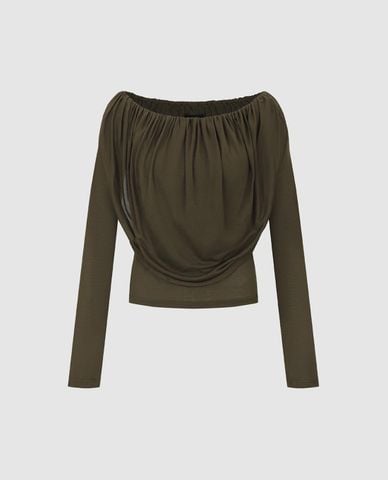  URBAN REVIVO - Áo trễ vai nữ tay dài xếp li 