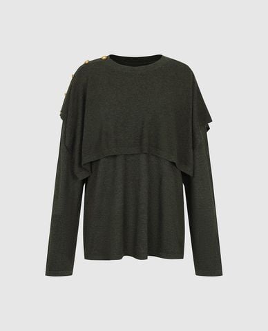  URBAN REVIVO - Áo dệt kim nữ tay dài hai lớp đính khuy 