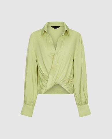  URBAN REVIVO - Áo kiểu nữ cổ bẻ tay dài xoắn eo 