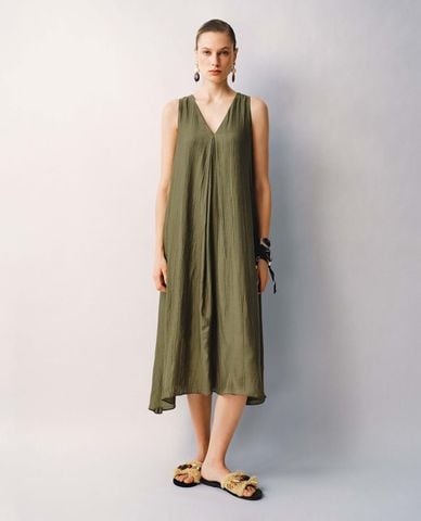  URBAN REVIVO - Đầm sát nách midi cổ V phối dây thắt 