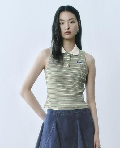  URBAN REVIVO - Áo sát nách nữ cổ bẻ kẻ sọc 