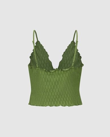  URBAN REVIVO - Áo hai dây nữ cổ V viền bèo phối dây 