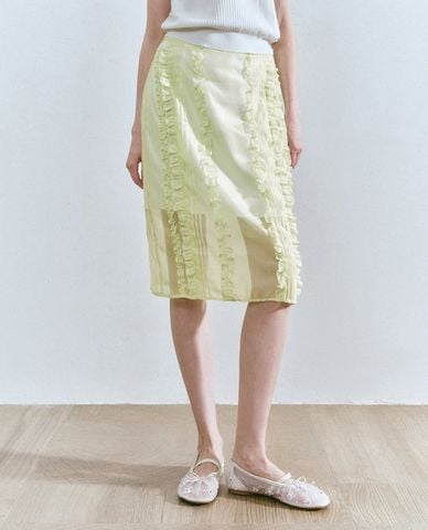  URBAN REVIVO - Chân váy phom suông midi phối bèo 