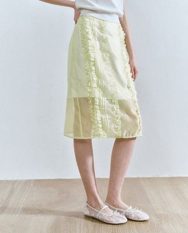  URBAN REVIVO - Chân váy phom suông midi phối bèo 