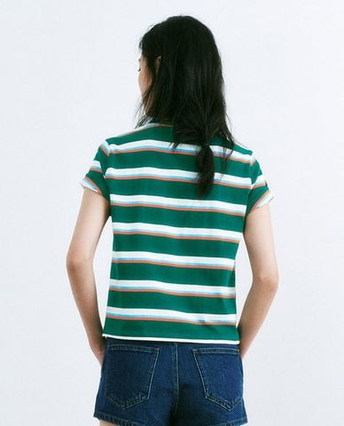  URBAN REVIV - Áo thun nữ cổ tròn tay ngắn kẻ sọc 