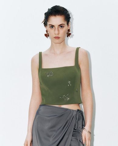  URBAN REVIVO - Áo hai dây nữ cổ vuông đính đá 