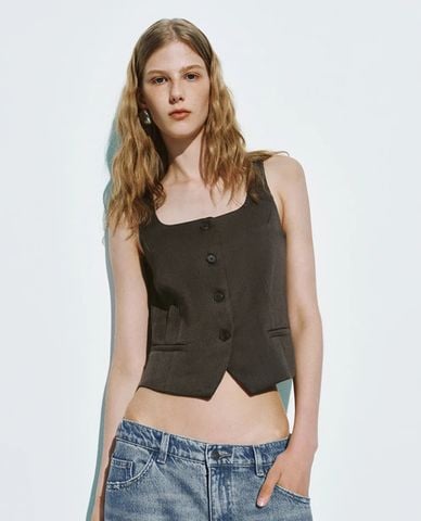  URBAN REVIVO - Áo khoác gilet nữ cổ vuông phối nút 