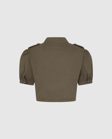  URBAN REVIVO - Áo khoác croptop nữ cổ trụ tay bồng 