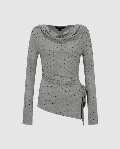  URBAN REVIVO - Áo kiểu nữ cổ đổ nhún eo chấm bi 