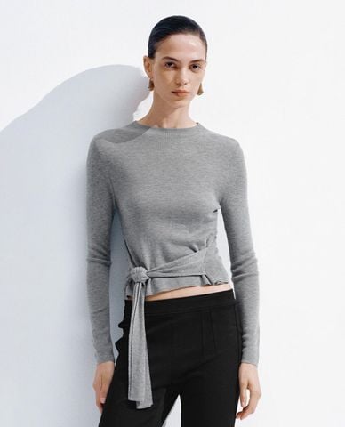  URBAN REVIVO - Áo dệt kim nữ tay dài buộc nơ 